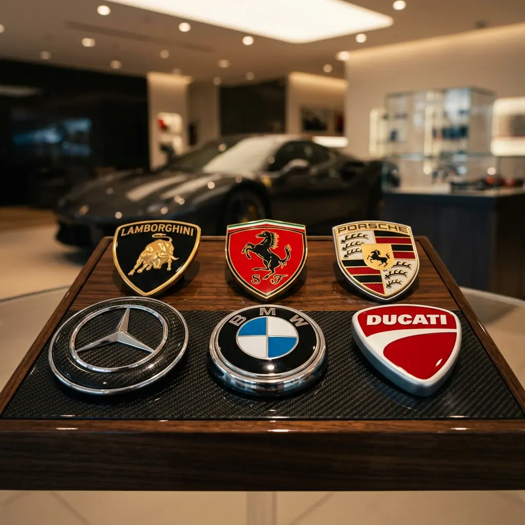 Espacio premium con vehículos y emblemas de marcas